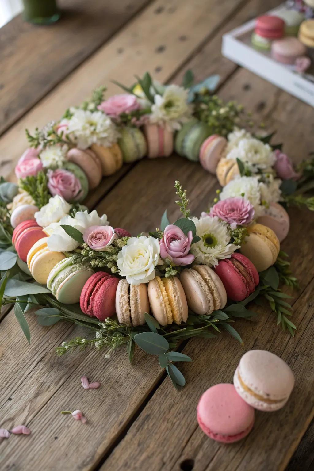 A floral wreath of macarons and fresh flowers.