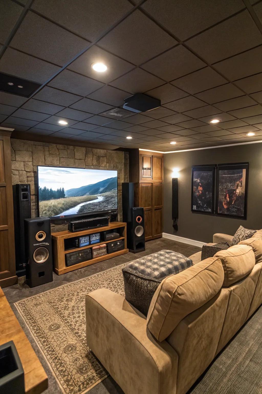 A home theater experience with a large screen TV and surround sound speakers.