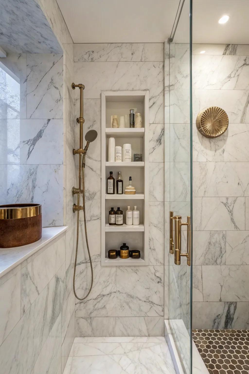 A vertical marble niche adds a chic touch to narrow shower spaces.