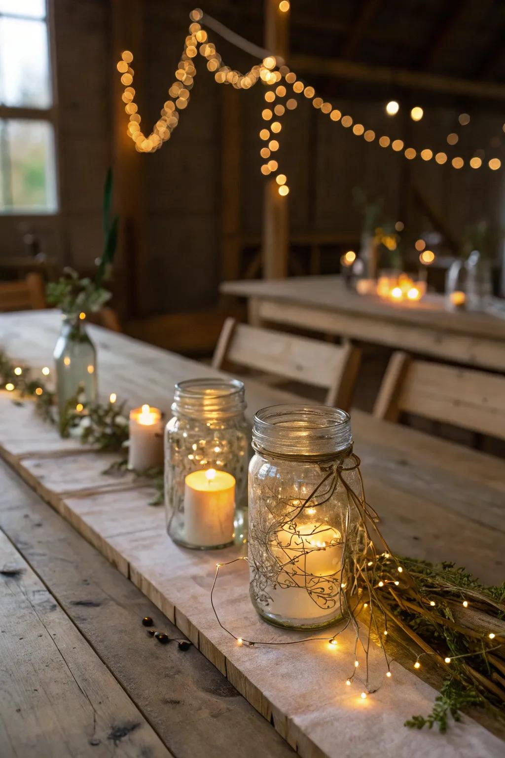 Create a cozy atmosphere with mason jar candle holders.