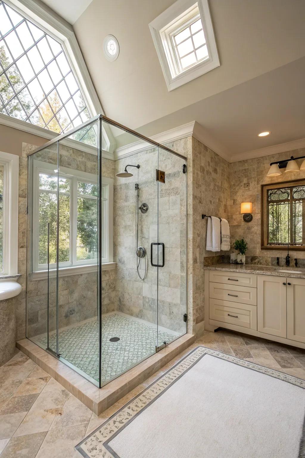Spacious bathroom with a glass-enclosed shower and rainfall showerhead.