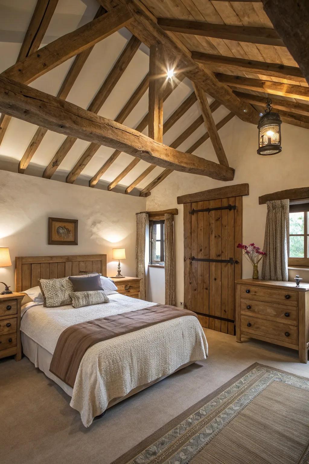 Rustic charm with exposed wooden beams in a farmhouse bedroom