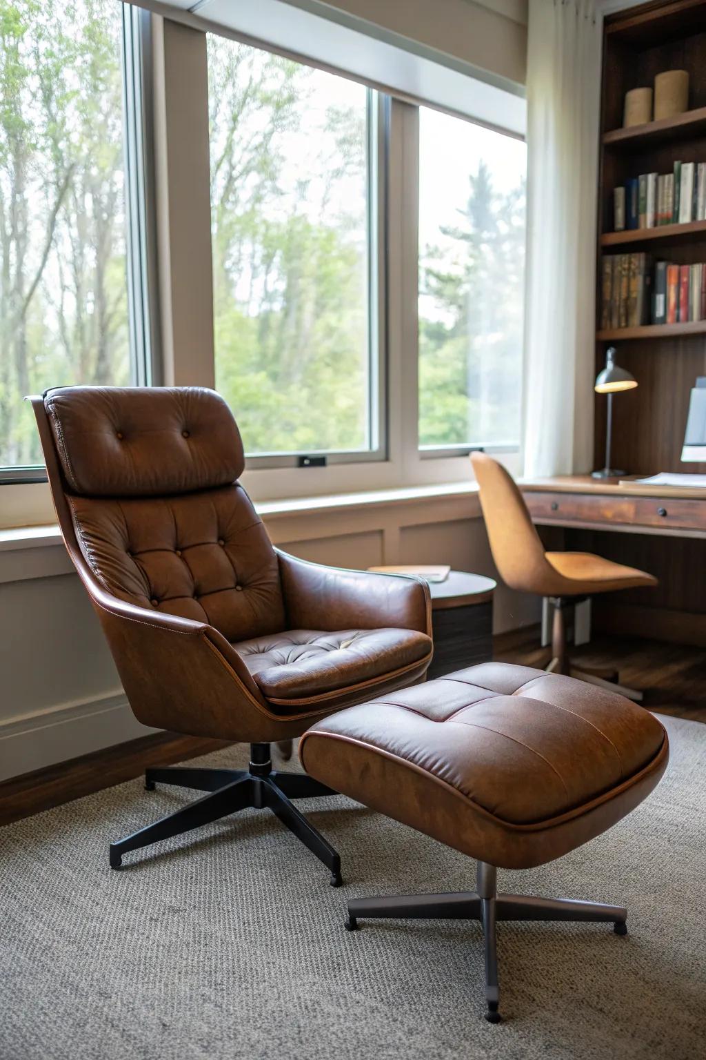 A brown leather chair paired with a matching ottoman for ultimate comfort and style.