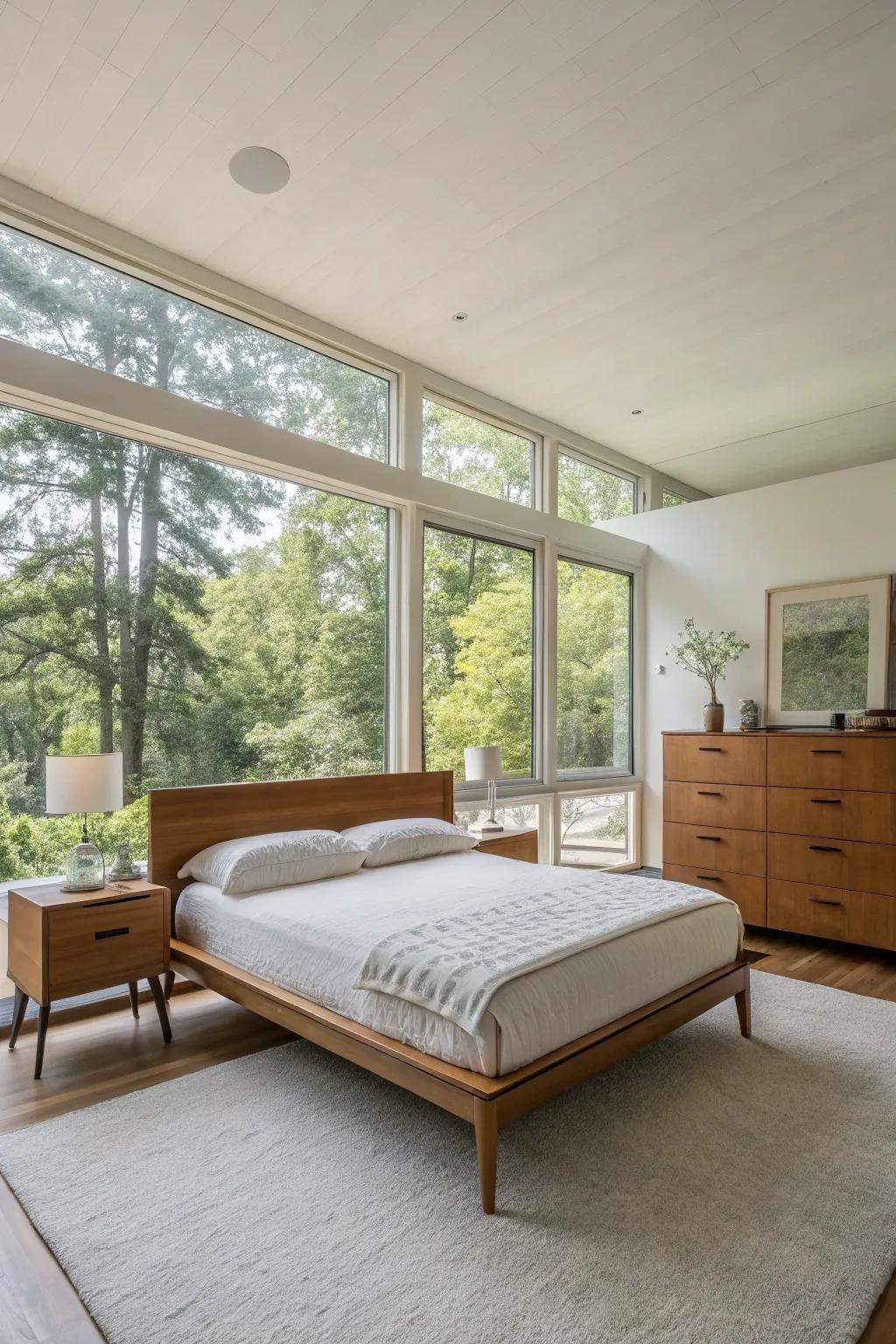 A minimalist mid-century modern bedroom showcasing furniture with simple, clean lines.