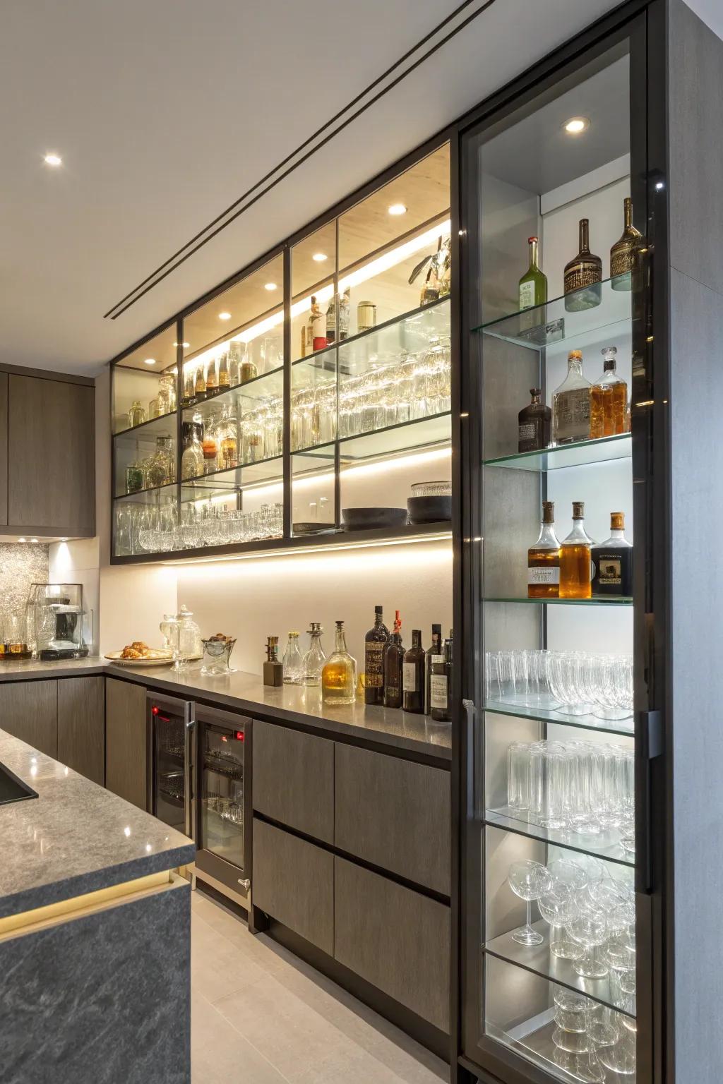 Open shelving elegantly showcases glassware and spirits, merging form and function.