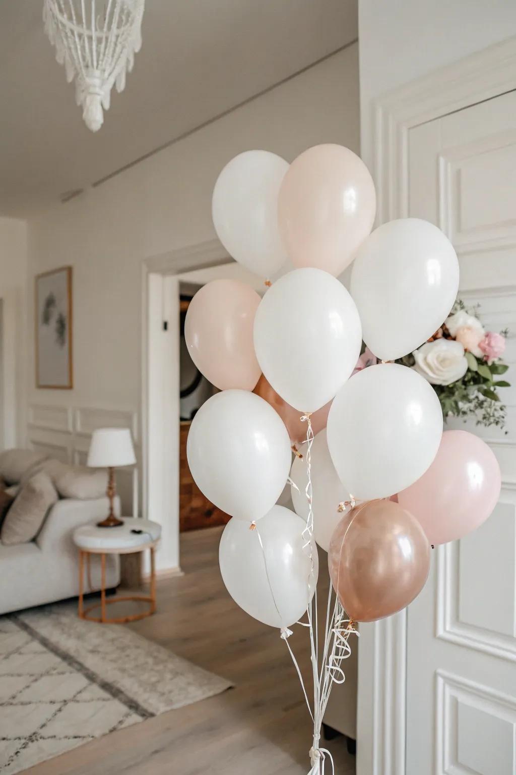 Monochromatic balloons add elegance to any minimalist birthday setting.