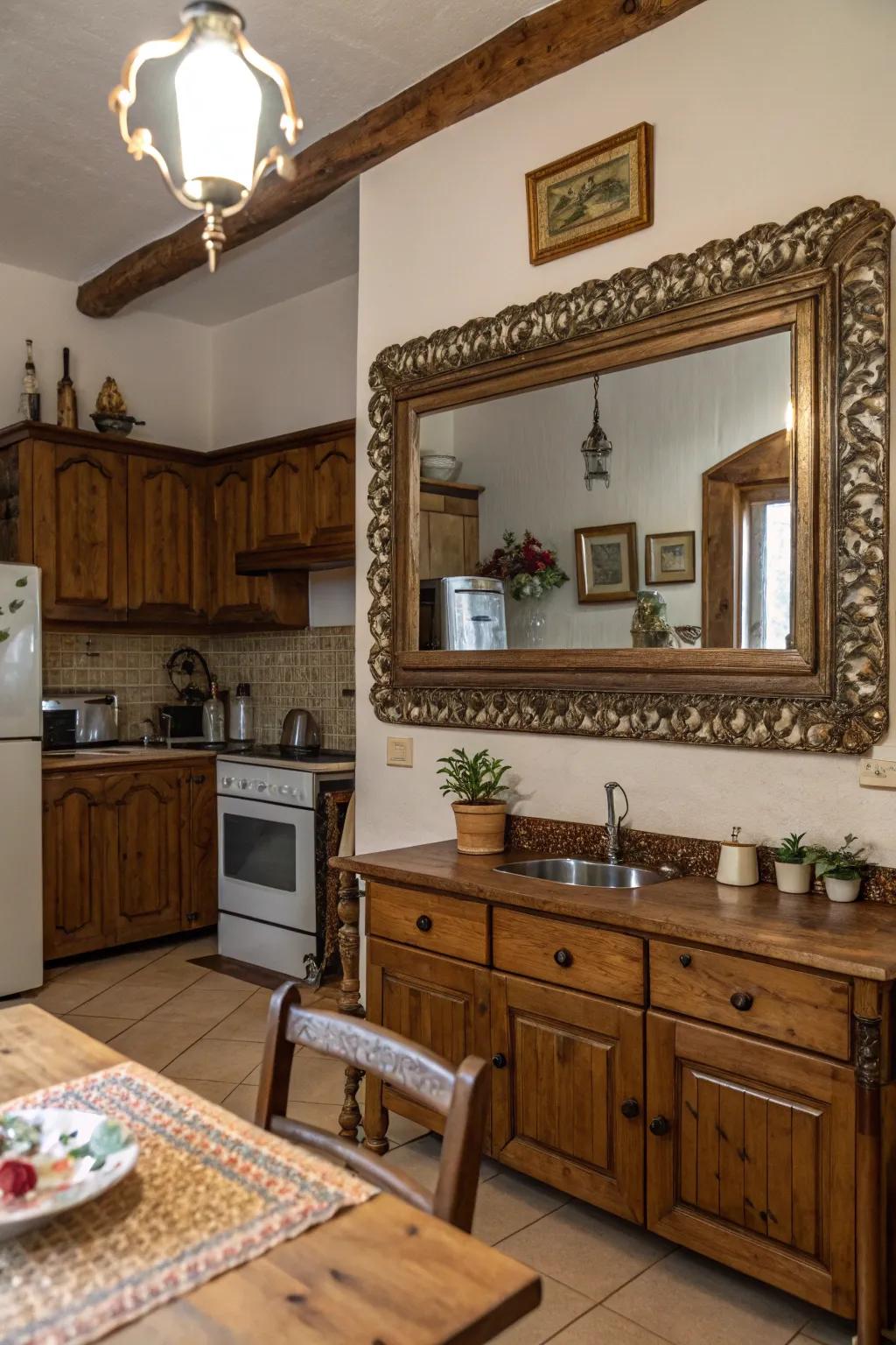 An antique framed mirror that adds elegance and history to the kitchen.