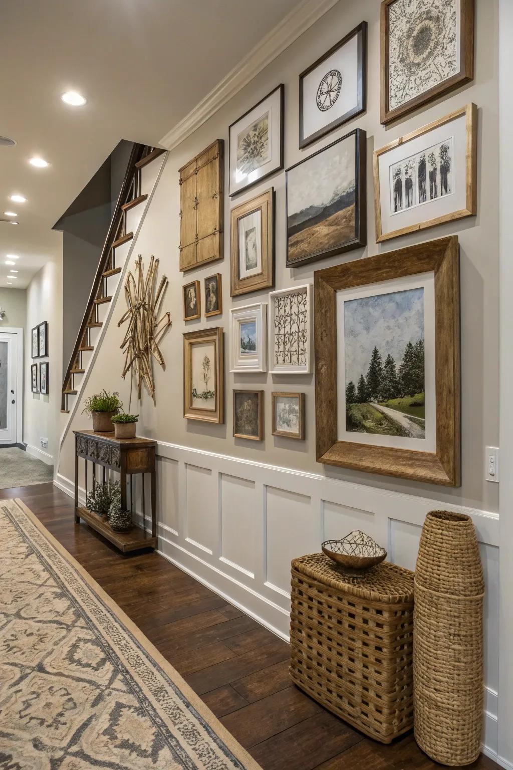 Textures bring dimension to this mixed media gallery wall.
