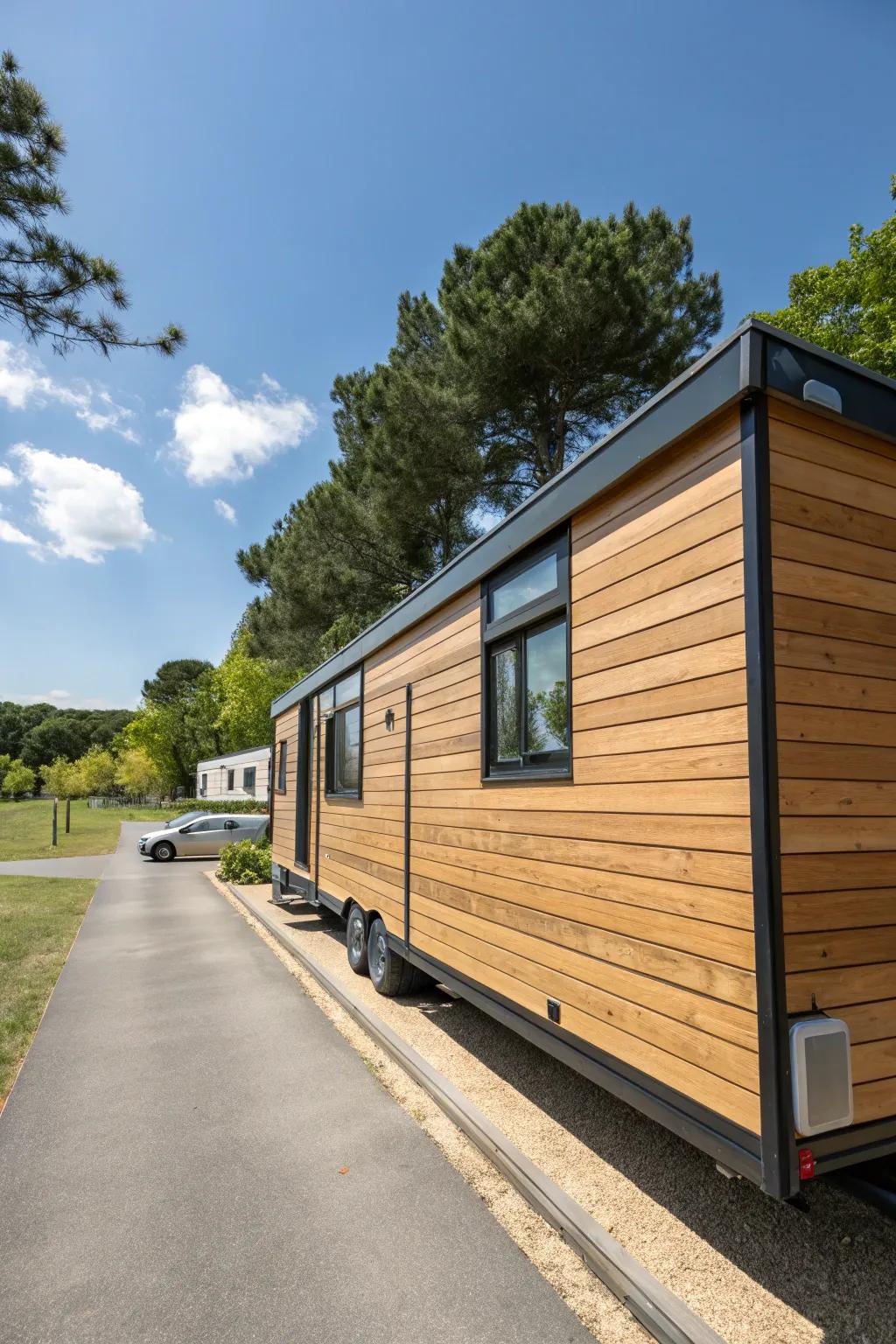 Horizontal wood panels provide a modern touch to mobile home skirting.