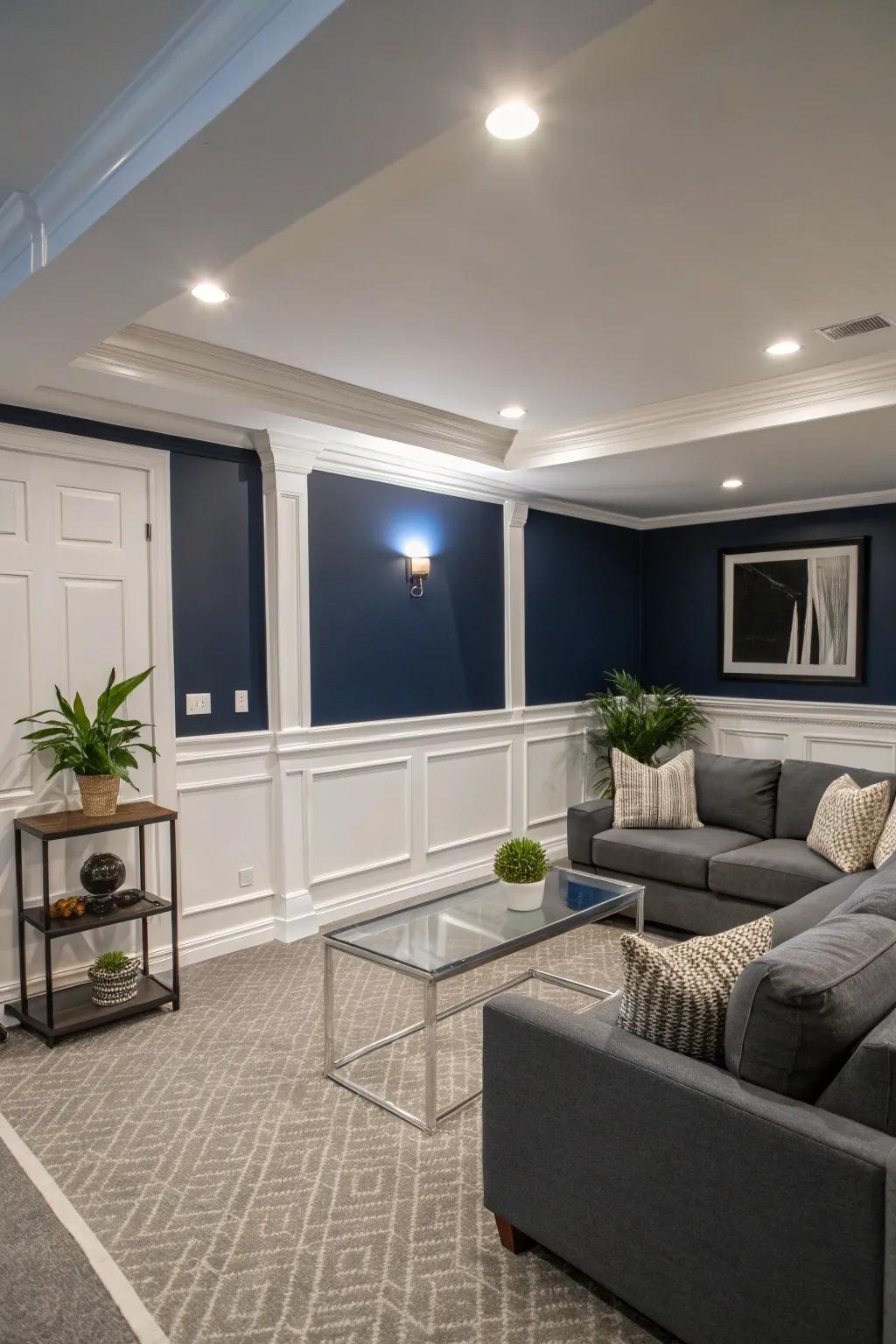 Navy blue adds depth and sophistication to a modern basement.