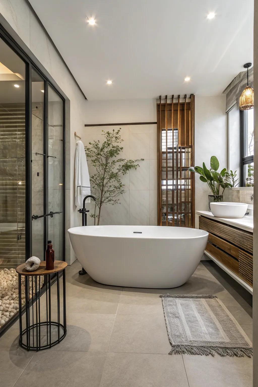 A freestanding bathtub serves as the focal point in this modern bathroom.