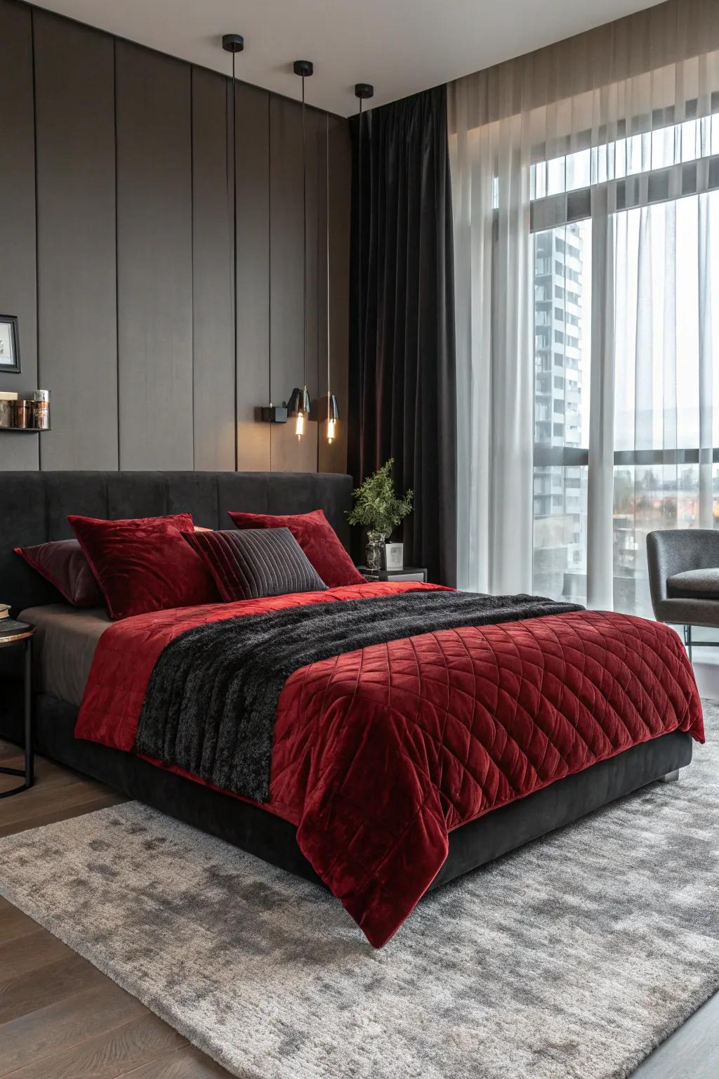 Velvet bedding adds a luxurious touch to the black and red theme.