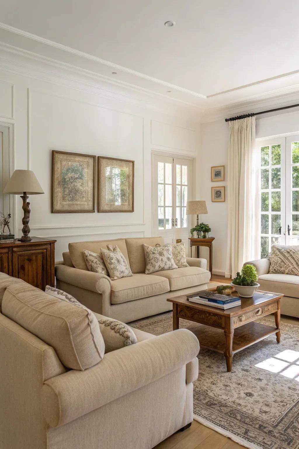 Neutral tones create a serene and inviting atmosphere in the modern farmhouse living room.