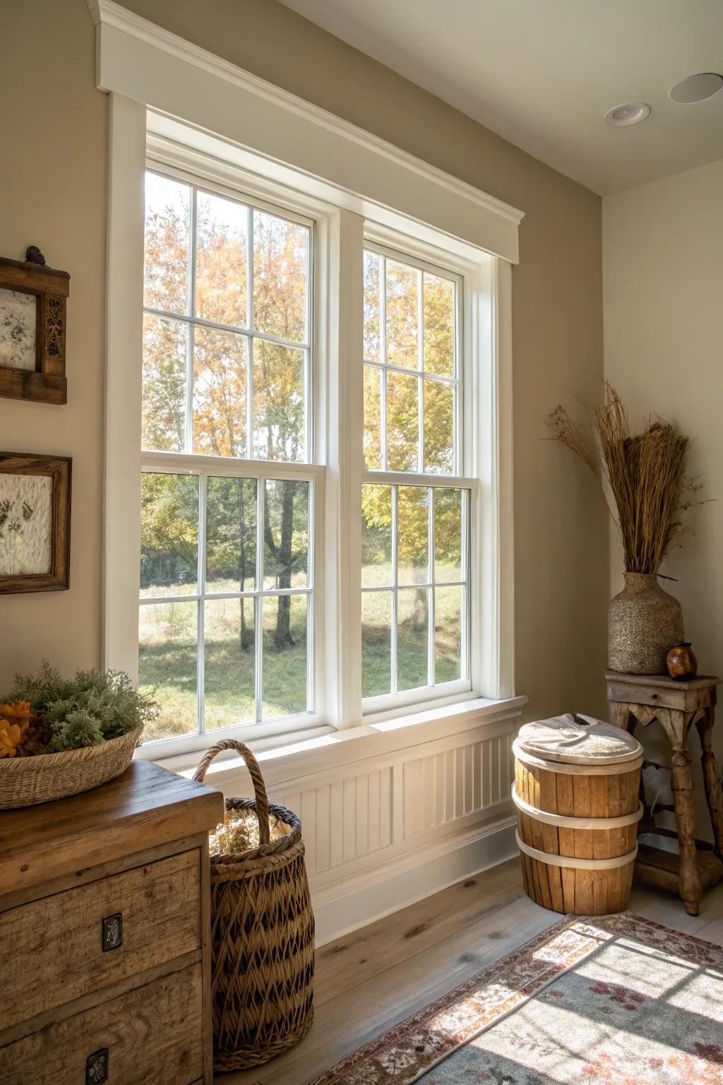 White window trim brightening up a modern farmhouse room.