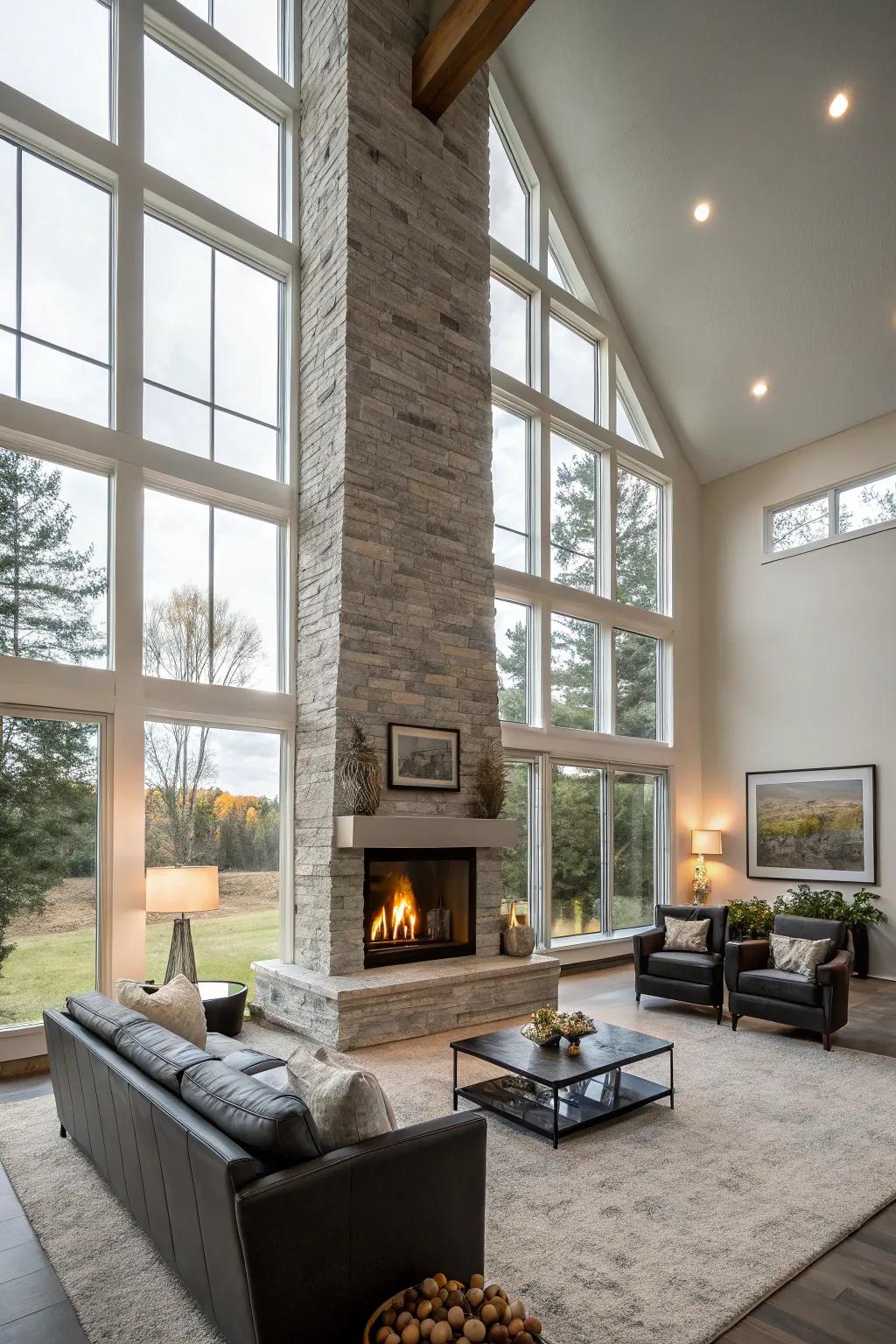 A floor-to-ceiling fireplace that adds a dramatic touch to a modern living room.