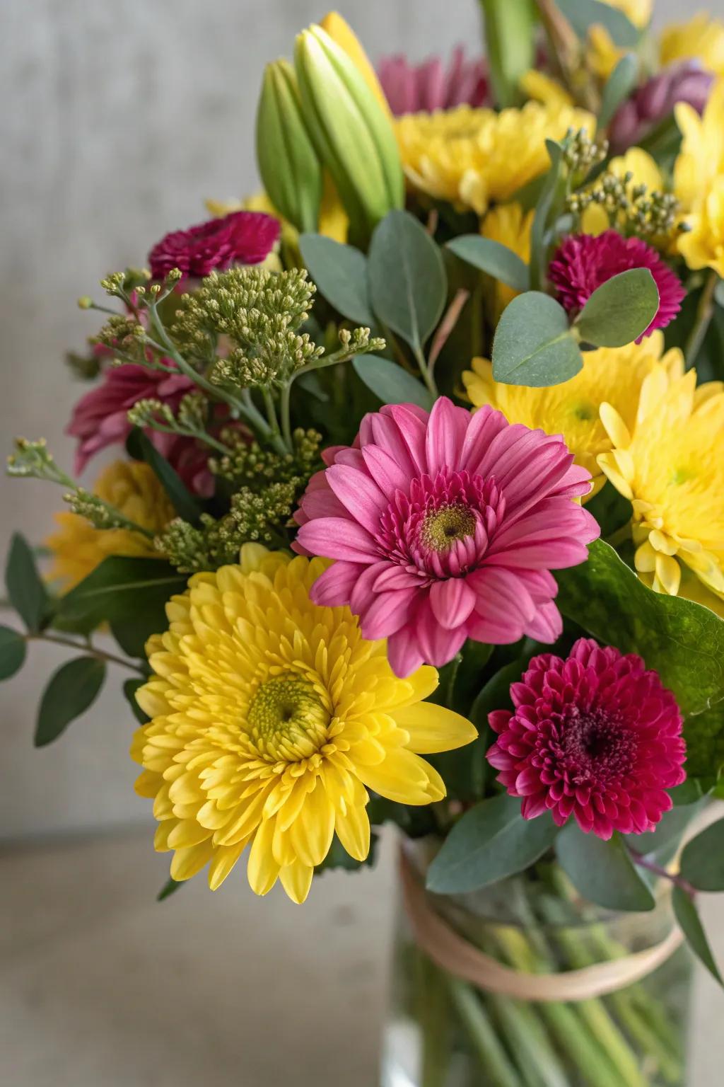 A vibrant flower arrangement with bold color combinations.