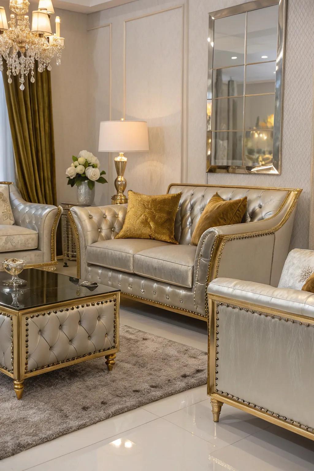 Metallic upholstered seating adds a luxurious touch to this modern living room.