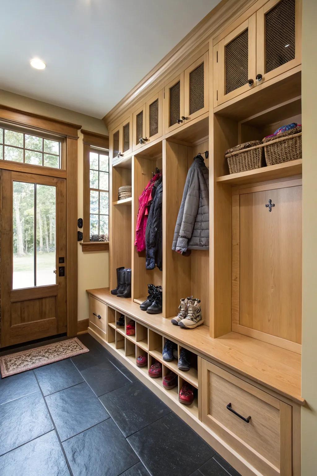 Custom cabinets and cubbies keep your mudroom tidy and organized.
