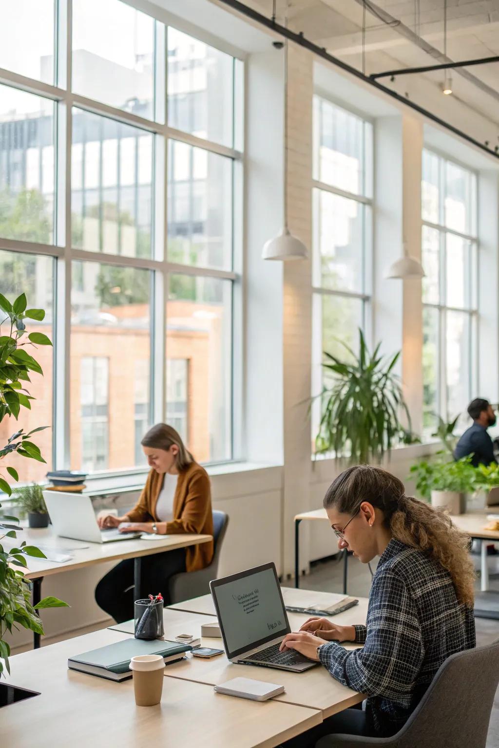 An office setting with large windows allowing abundant natural light.