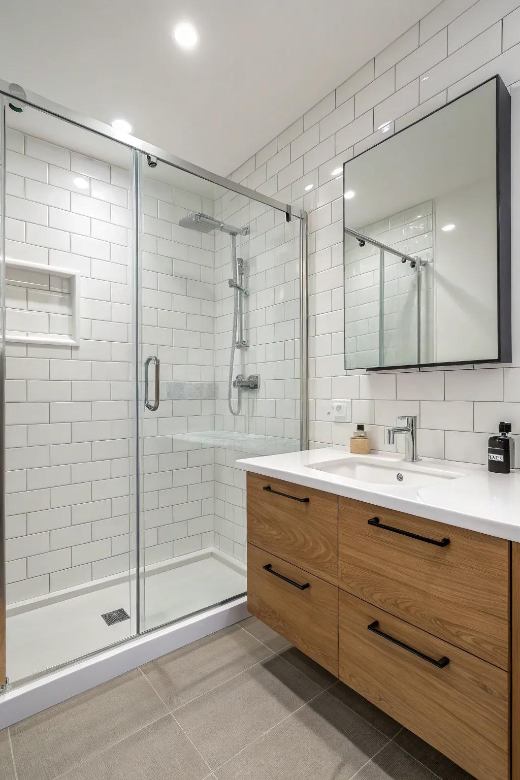 A minimalist bathroom featuring a sleek and simple shower design.