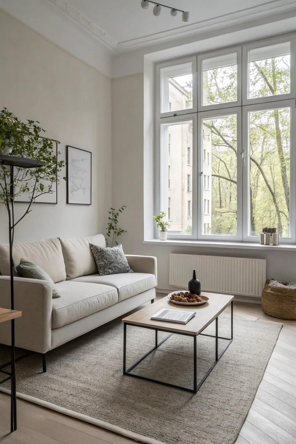 Minimalist furniture in a small modern living room for a sleek and spacious feel.