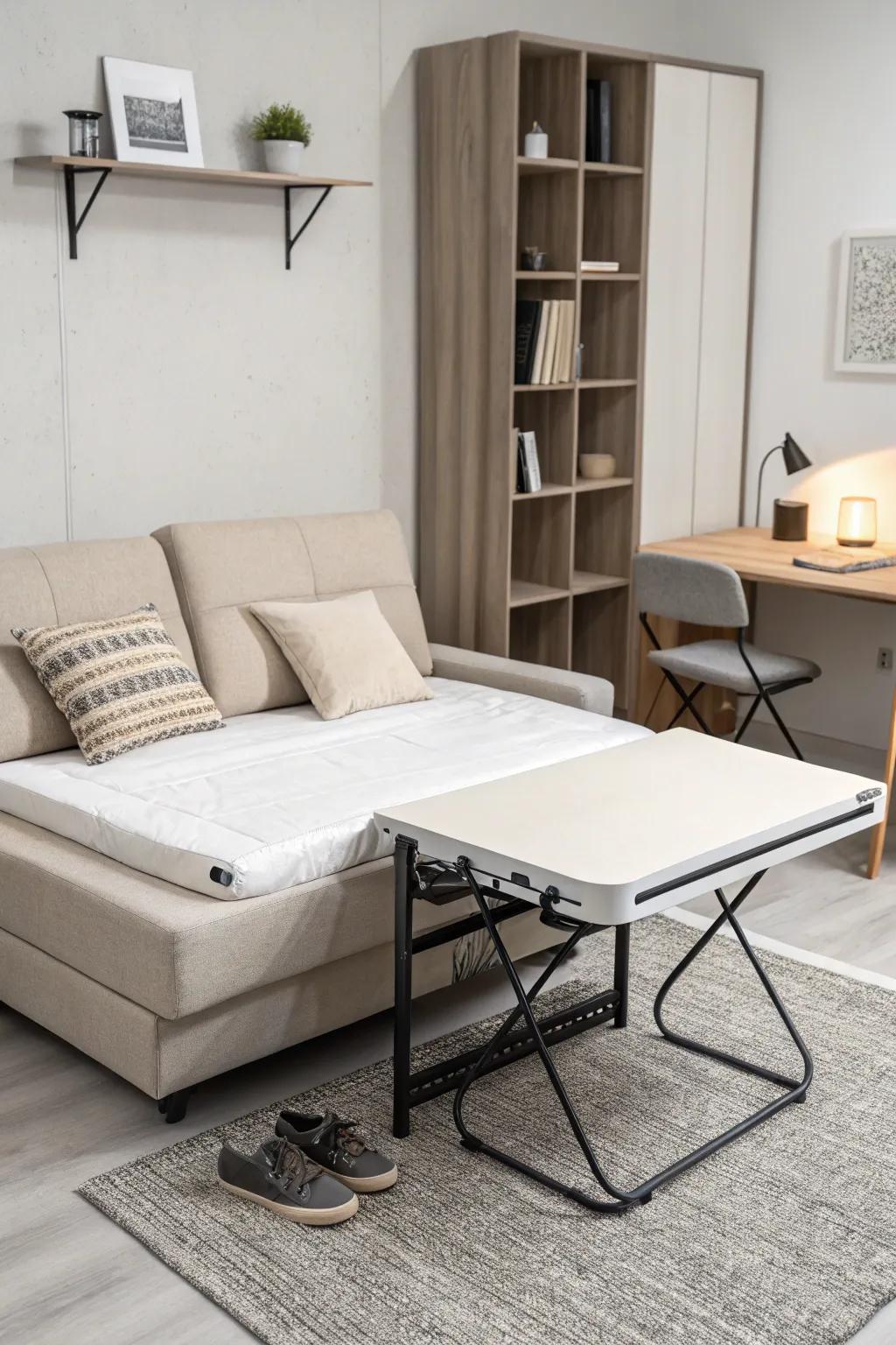 Minimalist studio apartment furniture featuring a stylish sofa bed and extendable table.