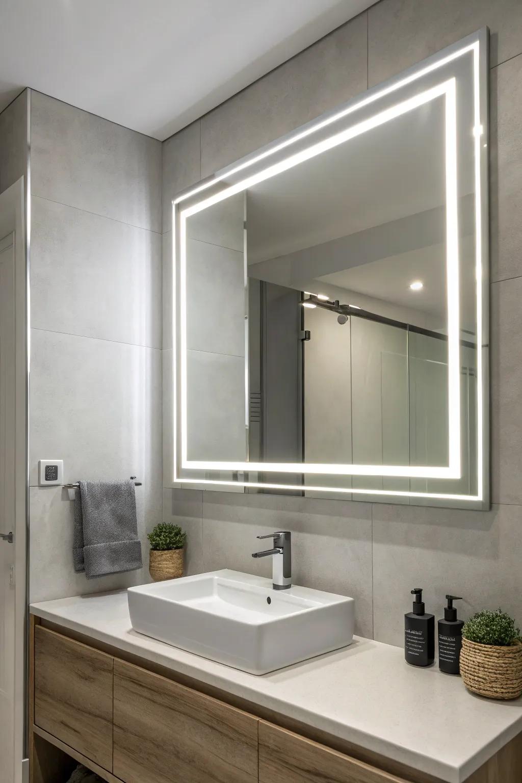 Integrated mirror lighting for a sleek and modern bathroom.