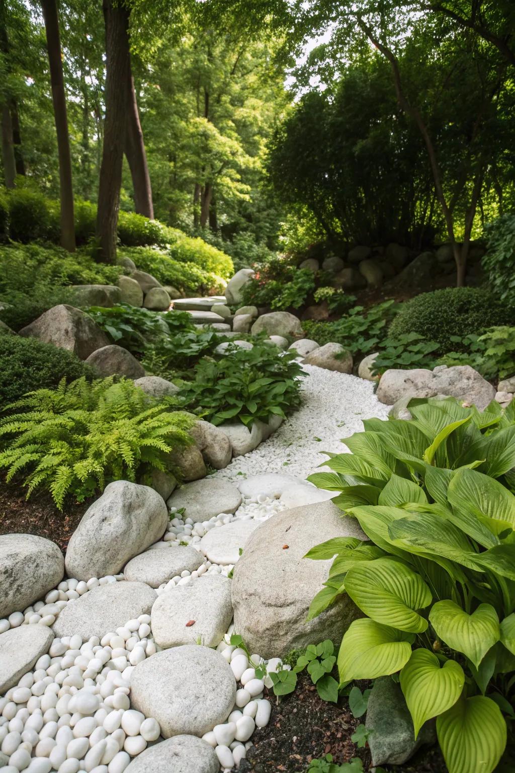 A lush garden featuring a captivating contrast between white rocks and vibrant green plants.