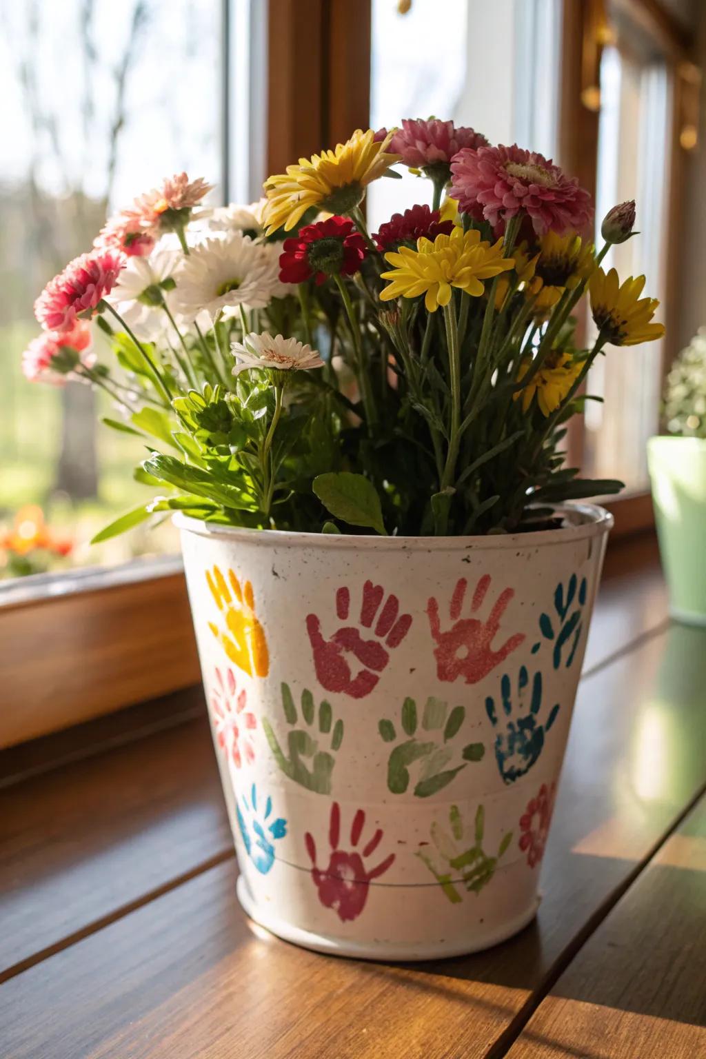 A flower pot adorned with children's handprints.