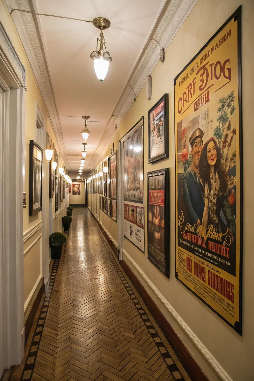 A hallway decorated with retro and vintage movie posters.