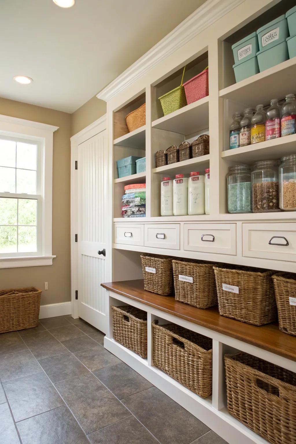 Built-in shelves keep essentials organized and accessible while maintaining a clean look.