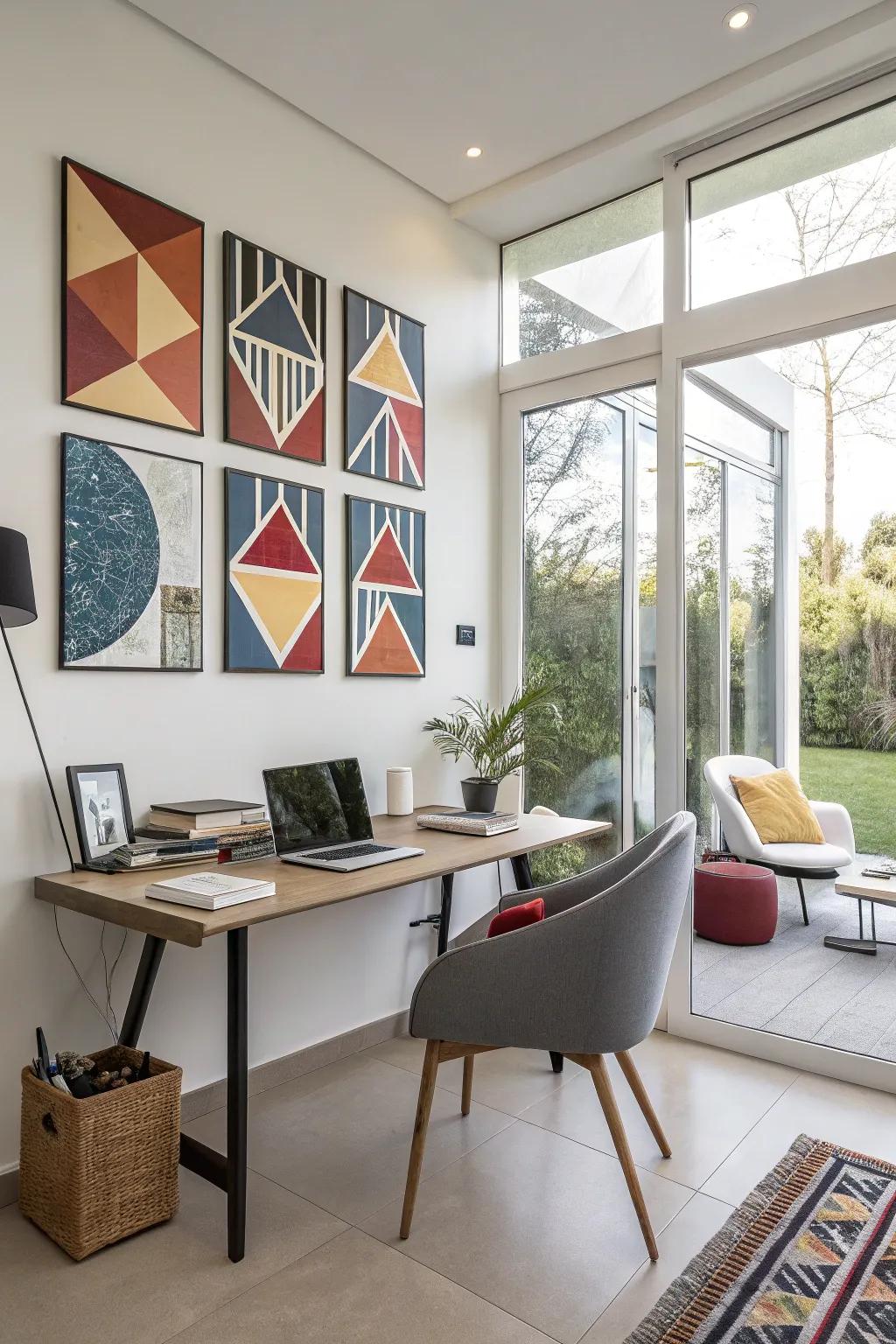 A striking geometric multi-canvas painting that adds energy and style to a modern office space.