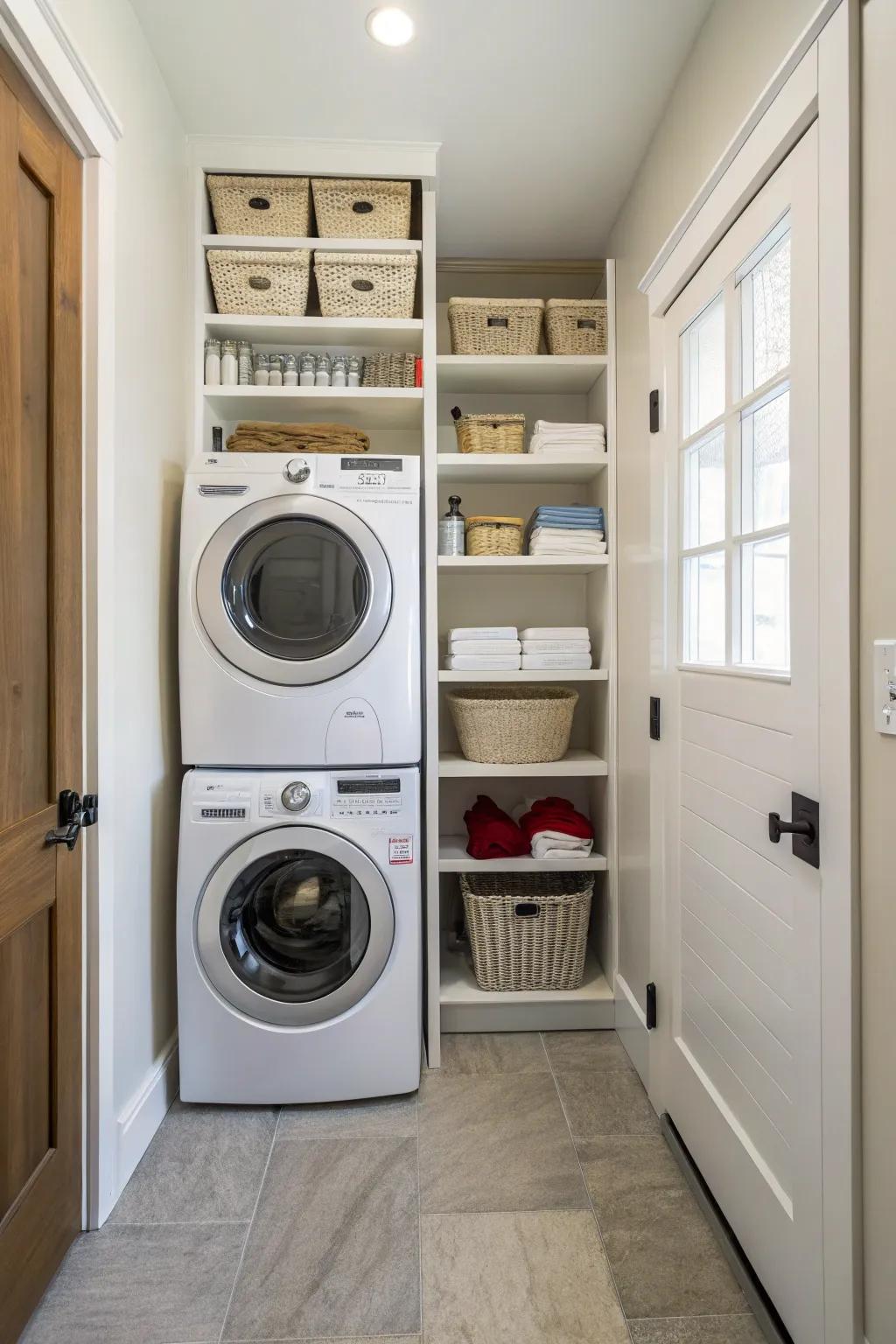 Stacked appliances free up valuable floor space for more storage and functionality.