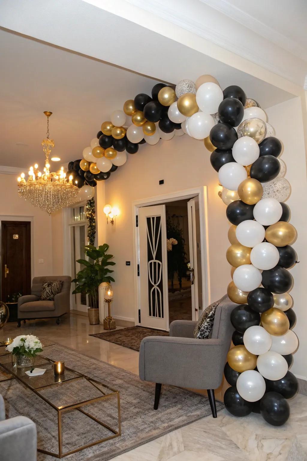 A sophisticated balloon arch in classic New Year's colors, perfect for making an entrance.