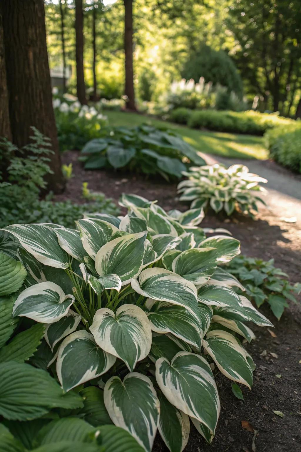 Variegated hostas adding lushness and elegance to the garden.