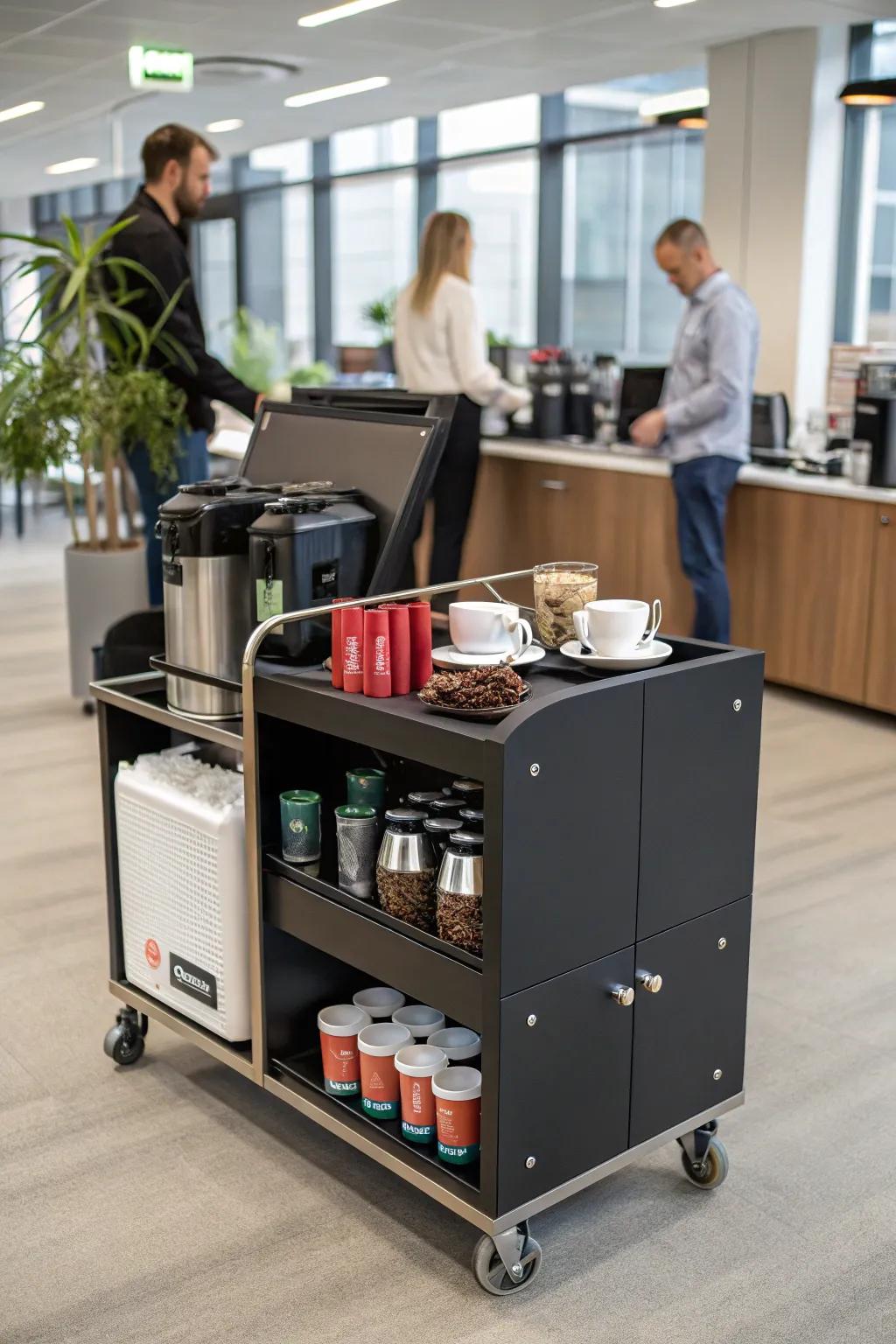 A mobile coffee cart brings versatility and style to your workspace.