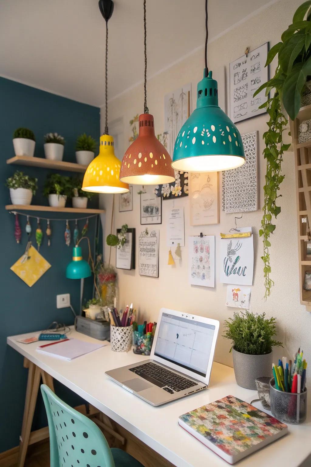 Use colorful pendant lights to add a splash of creativity to your office.