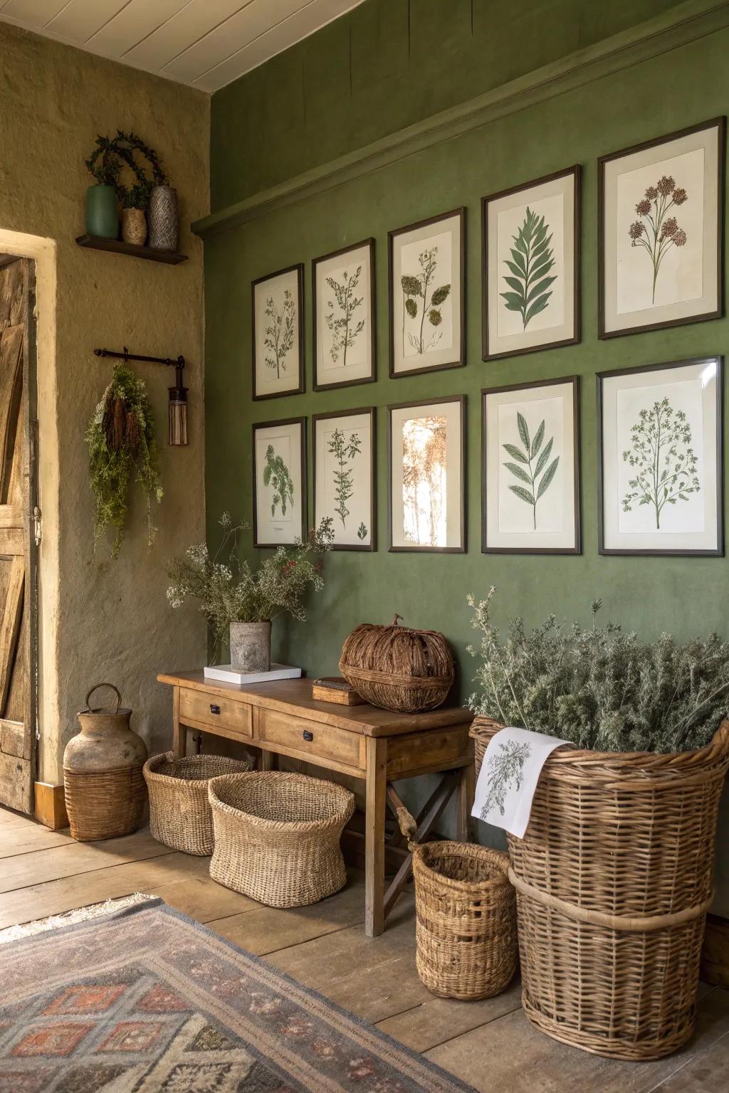 Art and decor beautifully complement olive green walls.