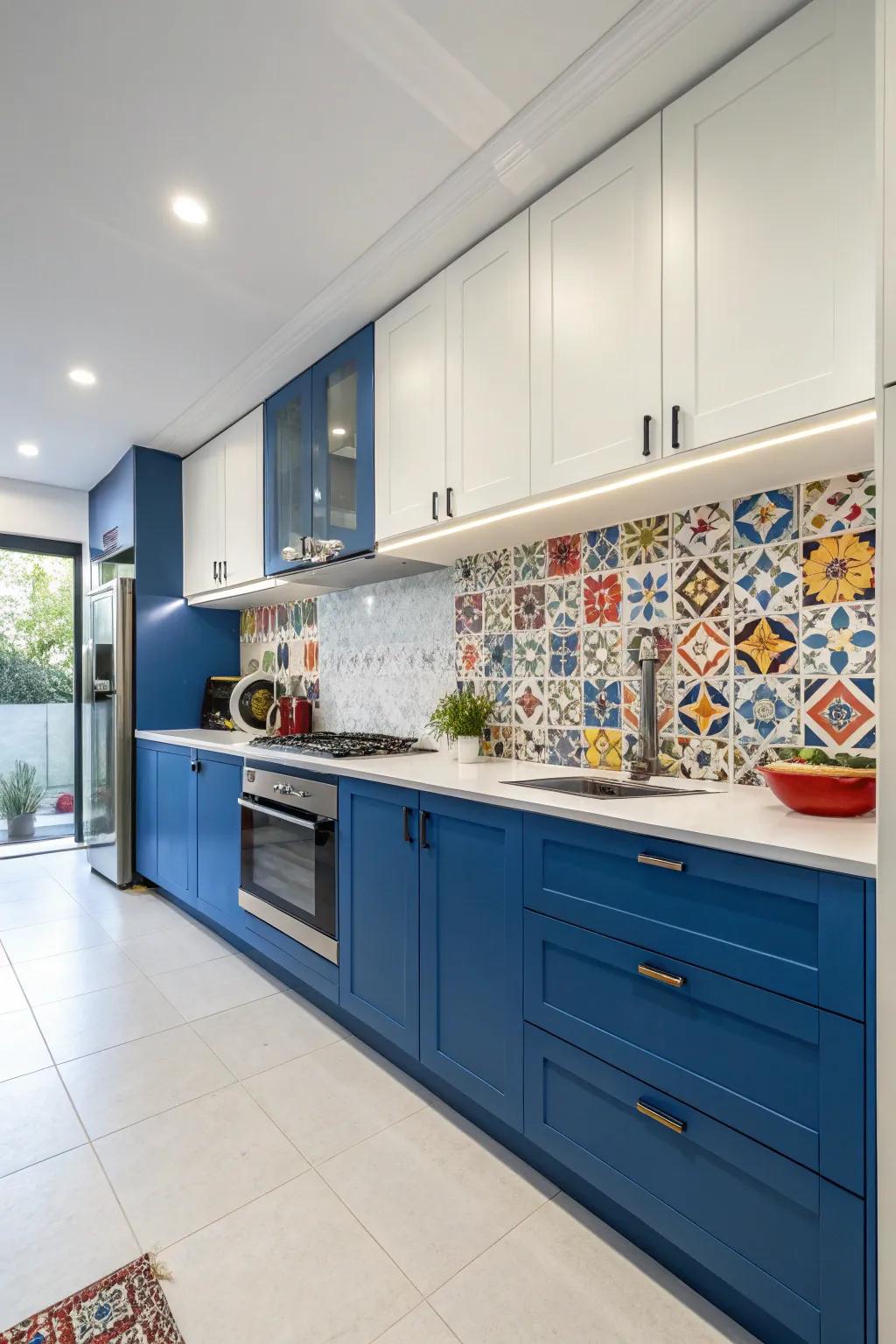 A one-wall kitchen where bold blue cabinetry adds vibrant energy.