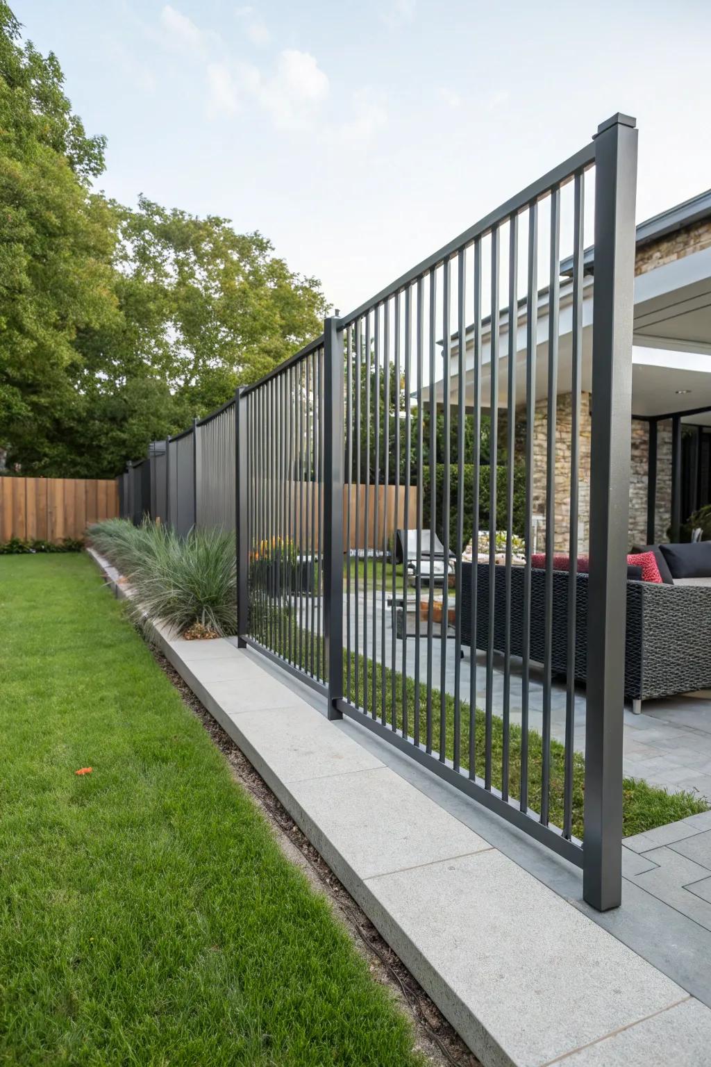 Sleek vertical metal slats offer a modern and airy fence design.