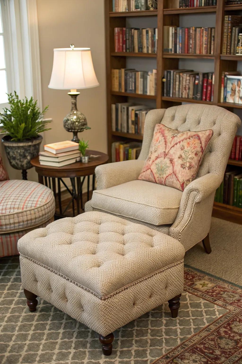 A tufted ottoman adds a luxurious touch to a cozy reading nook.