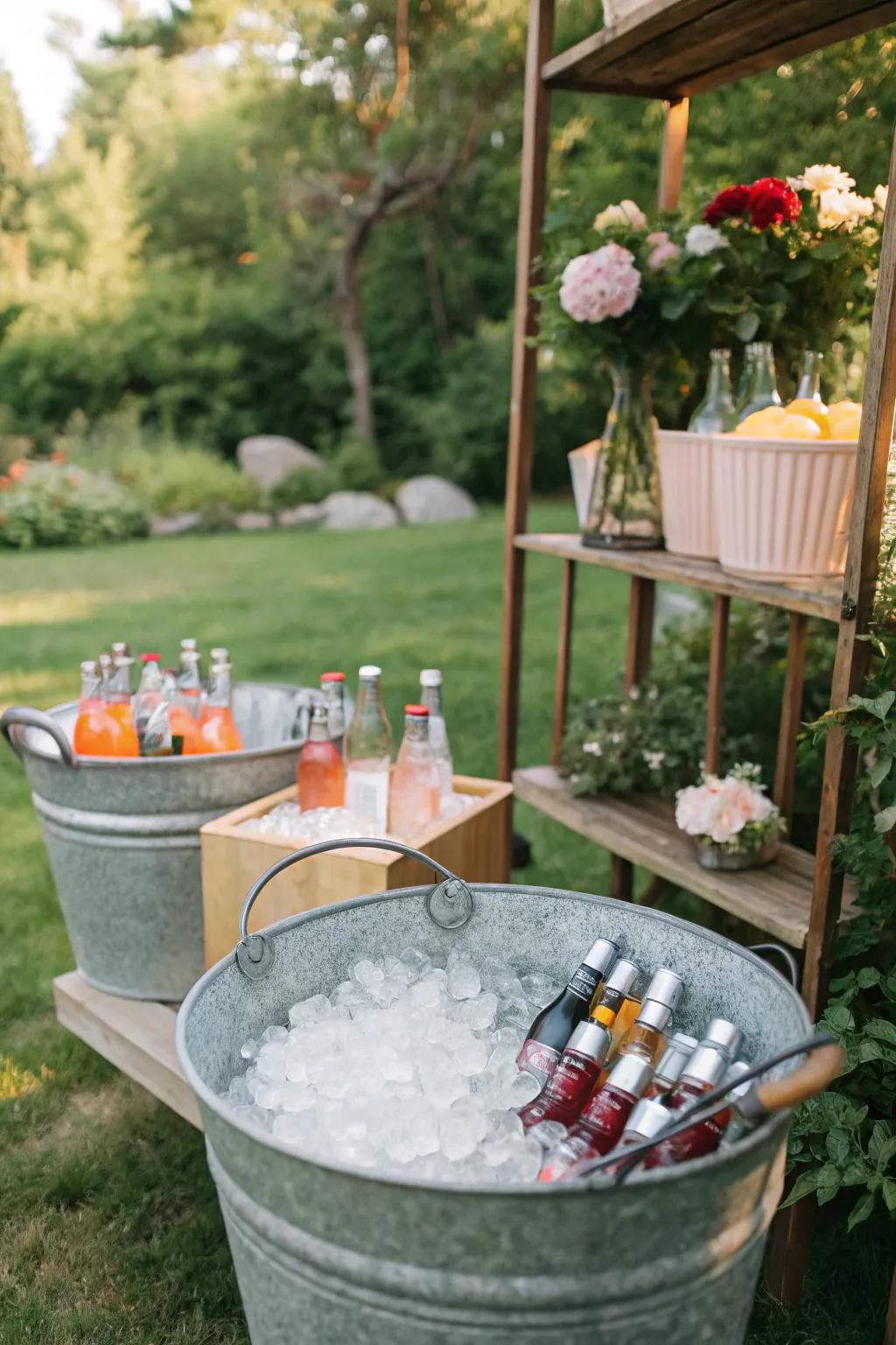 Galvanized buckets are perfect for keeping drinks cold and stylish.