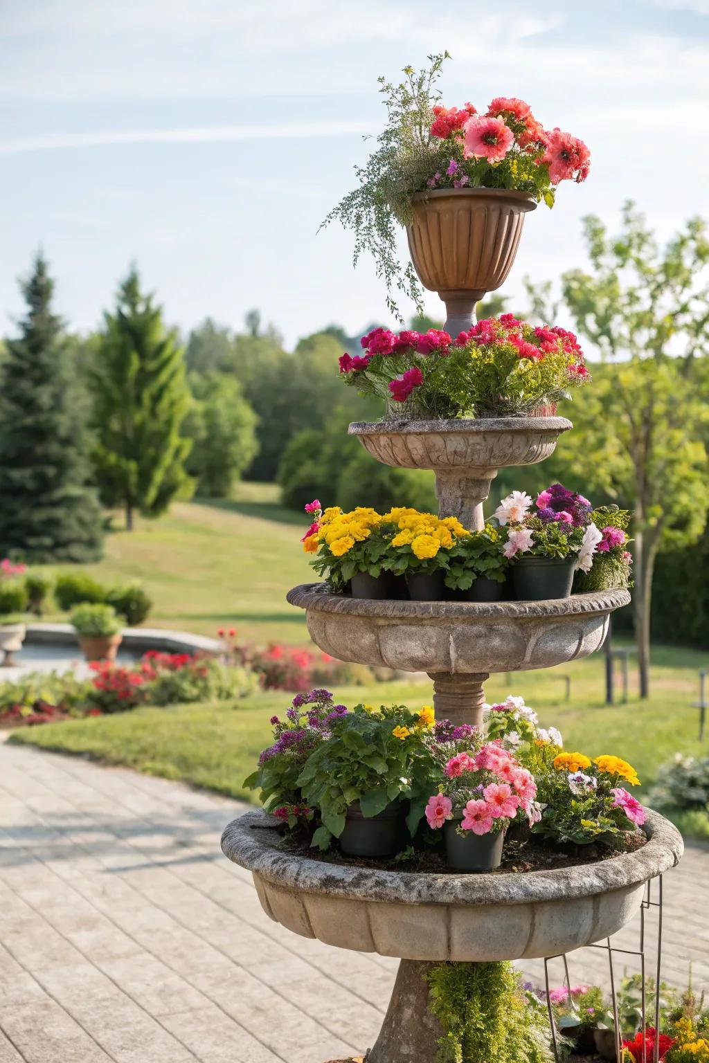 A tiered plant stand showcasing flowers of different heights for a dramatic effect.