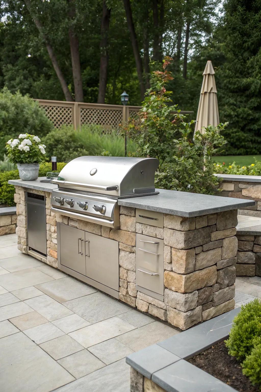 Elevate your backyard with a built-in stone grill island.