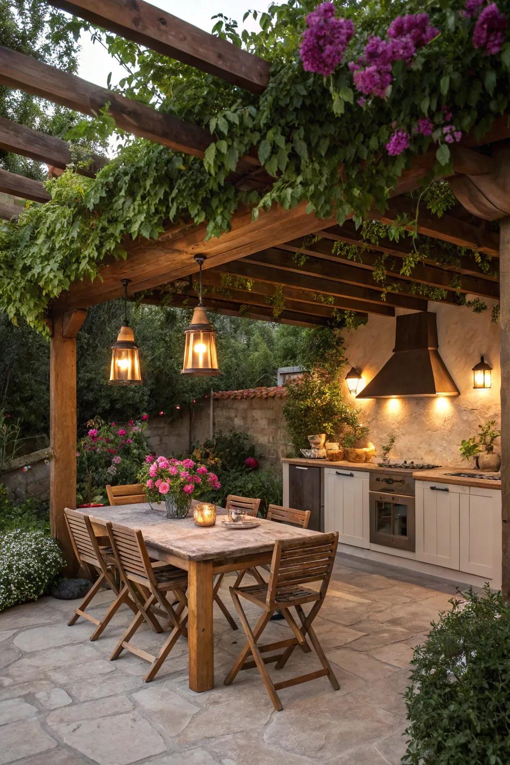 A pergola offers shade and style for your outdoor kitchen.