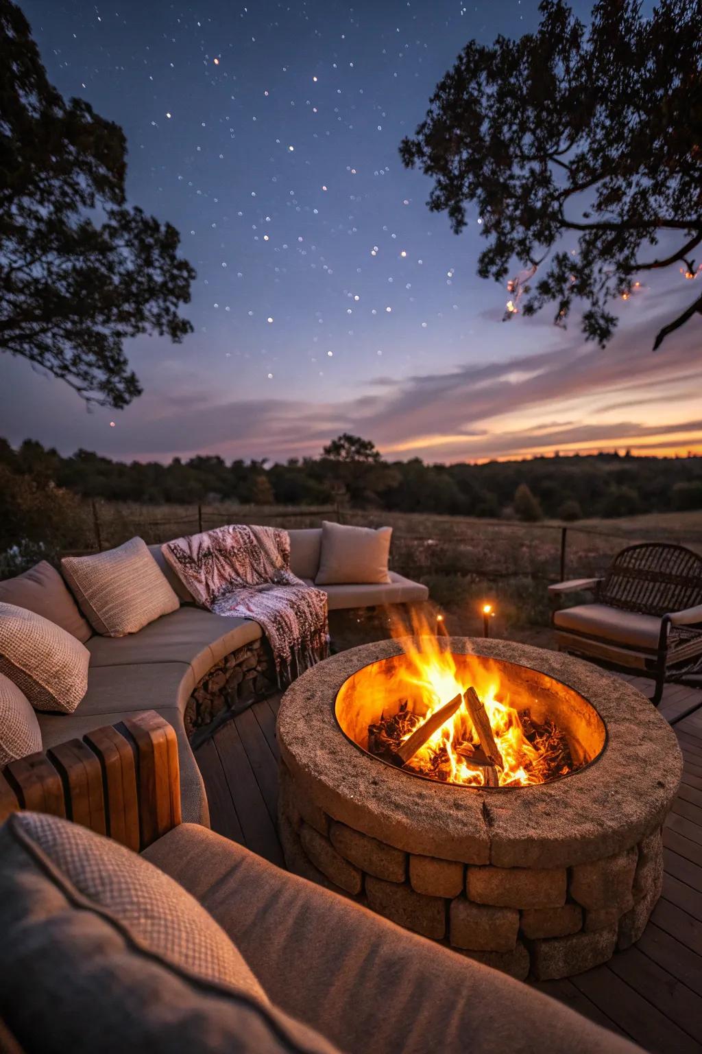 An inviting fire pit adds warmth and charm to your outdoor living room.