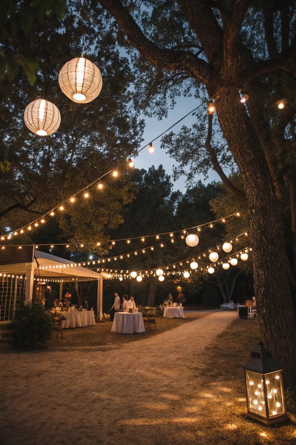 String lights and lanterns create a cozy and inviting outdoor atmosphere.