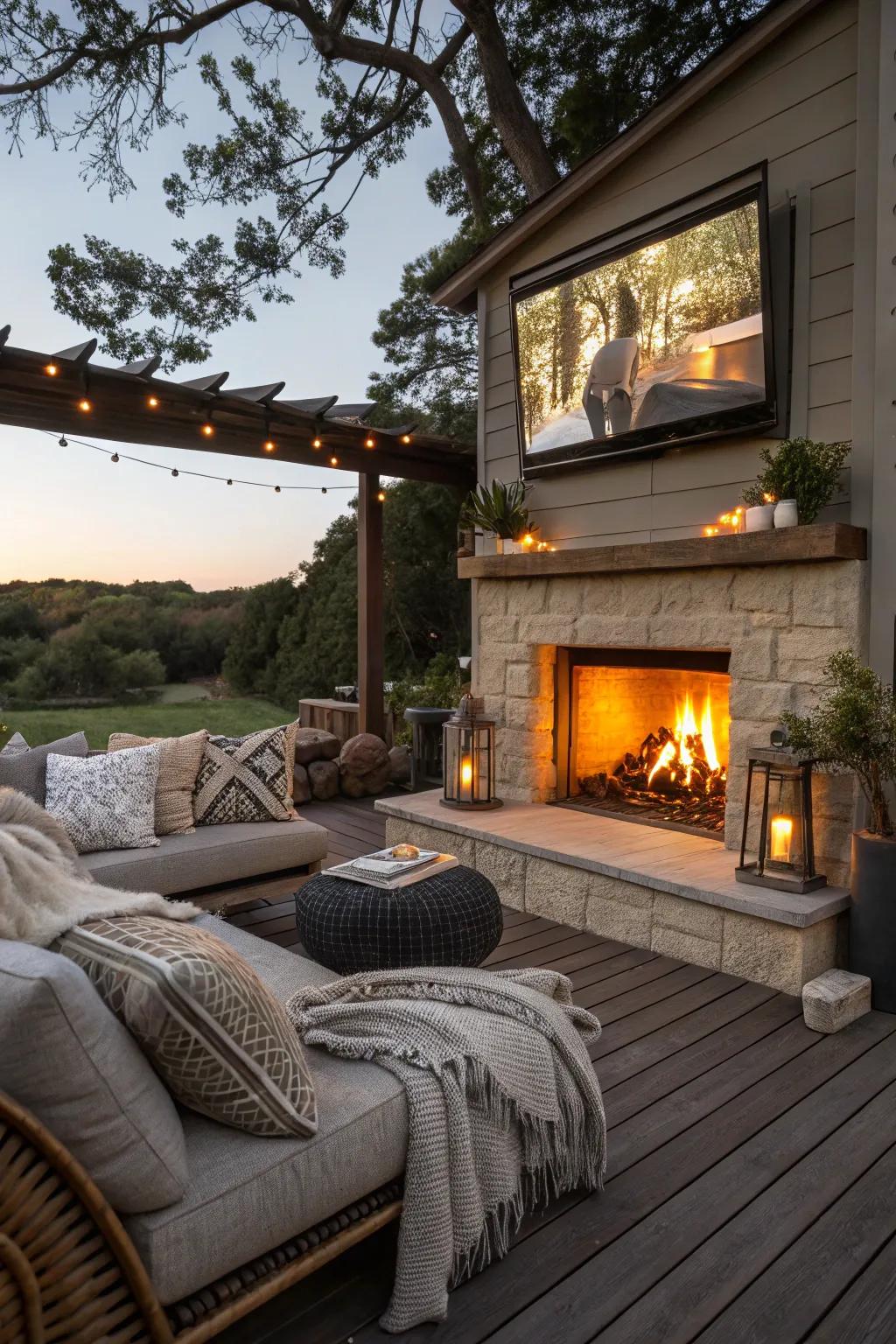 A fireplace adds warmth and a focal point to your outdoor TV area.
