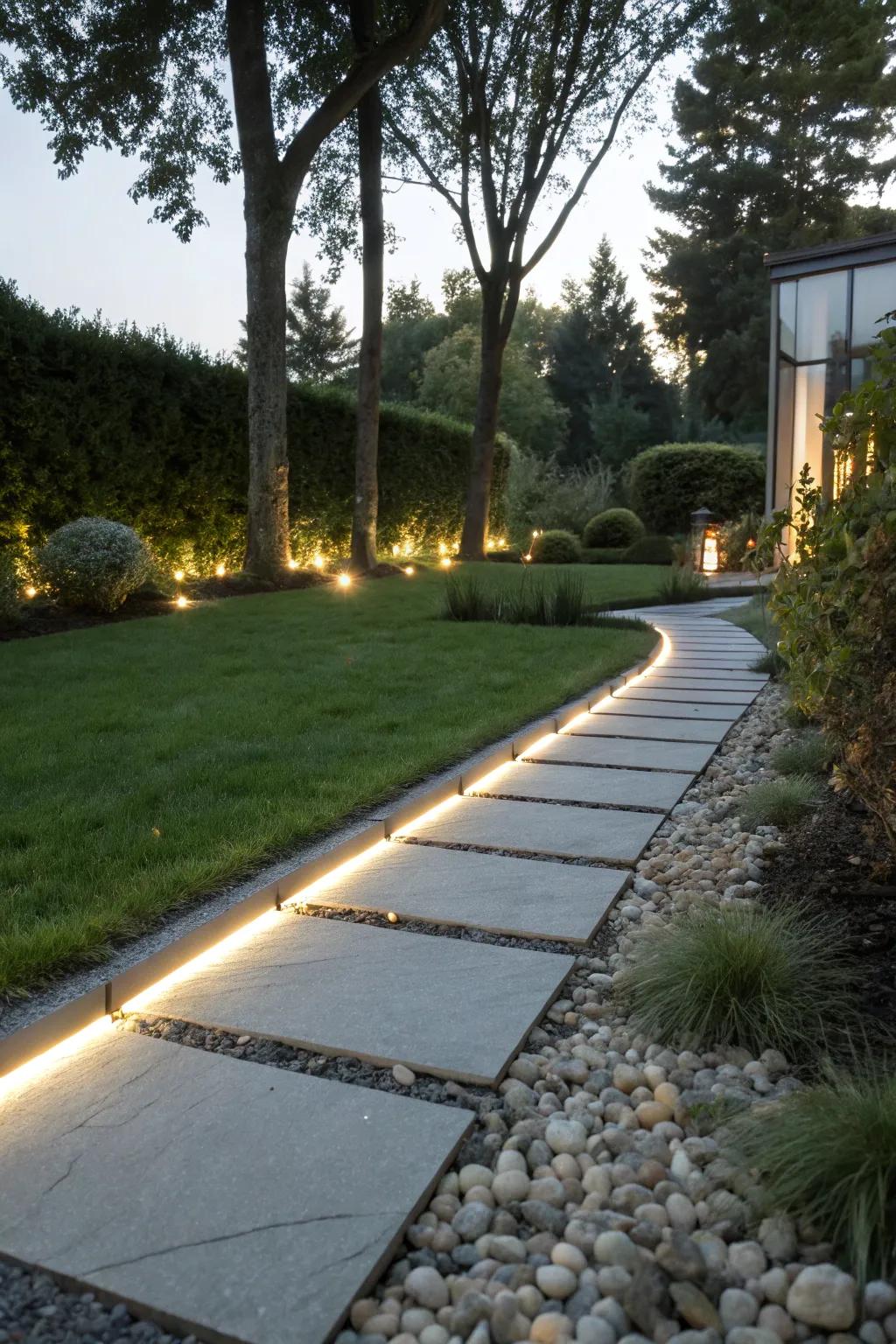 Sleek LED strips illuminate a modern path.
