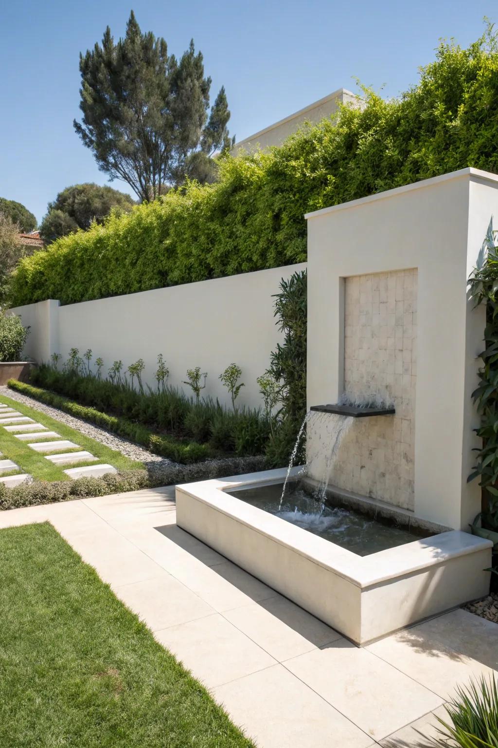 Modern wall fountains with clean lines add a contemporary touch.